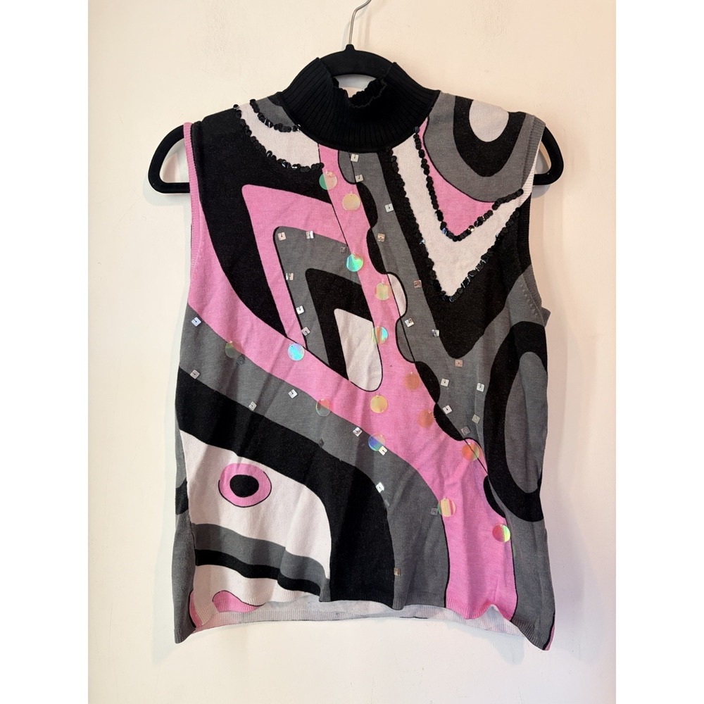 Vintage Y2K Baranda Abstract Sequin Sleeveless High‎ Neck Top L Pink Black Arty